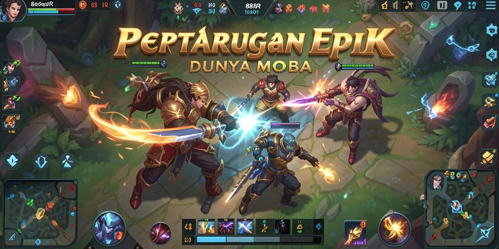 Screenshot menunjukkan aksi seru dalam pertempuran MOBA di 888R.