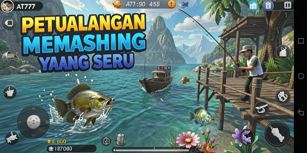 Tampilan gameplay AT777 dengan momen menangkap ikan yang mendebarkan.
