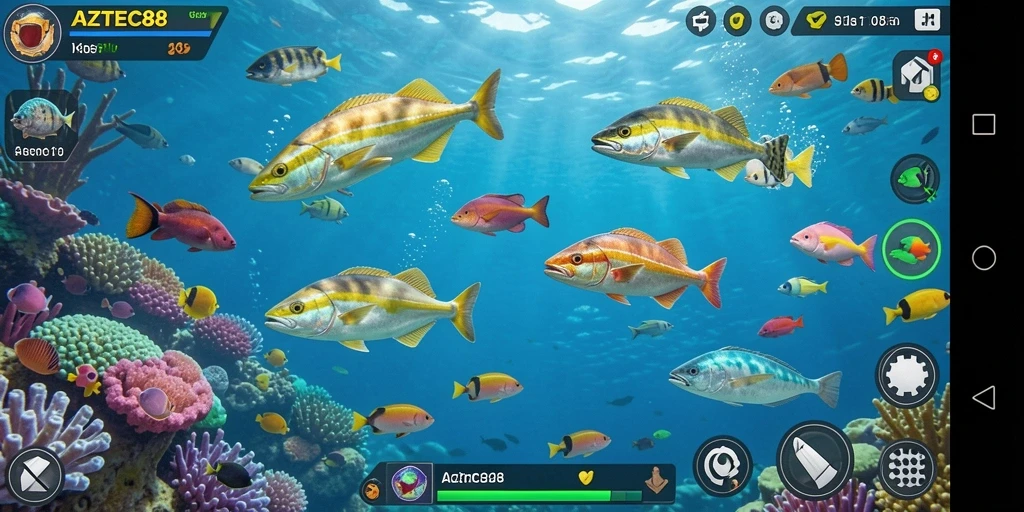 Tangkapan layar gameplay AZTEC88 dengan aksi menembak ikan penuh warna.