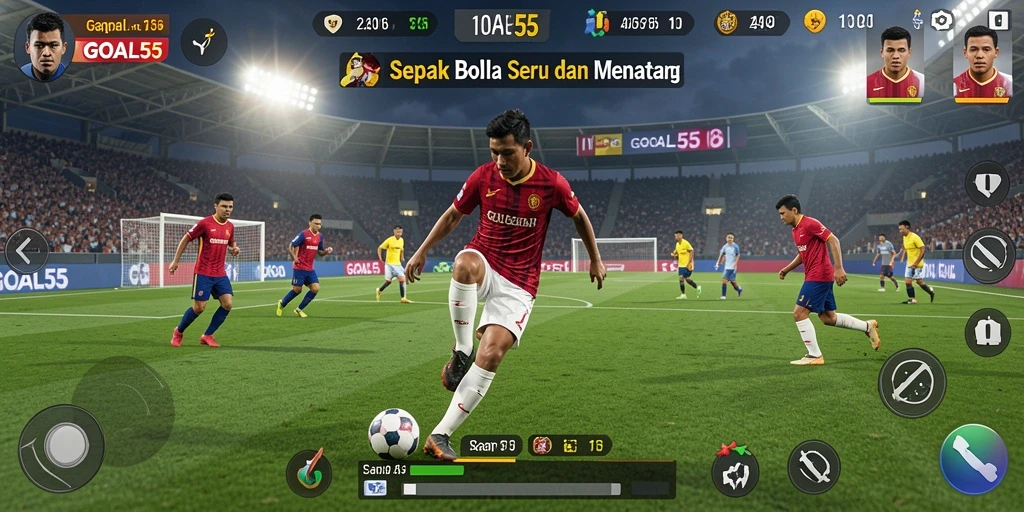 Screenshot gameplay GOAL55 menampilkan pertempuran tim sepak bola yang seru.