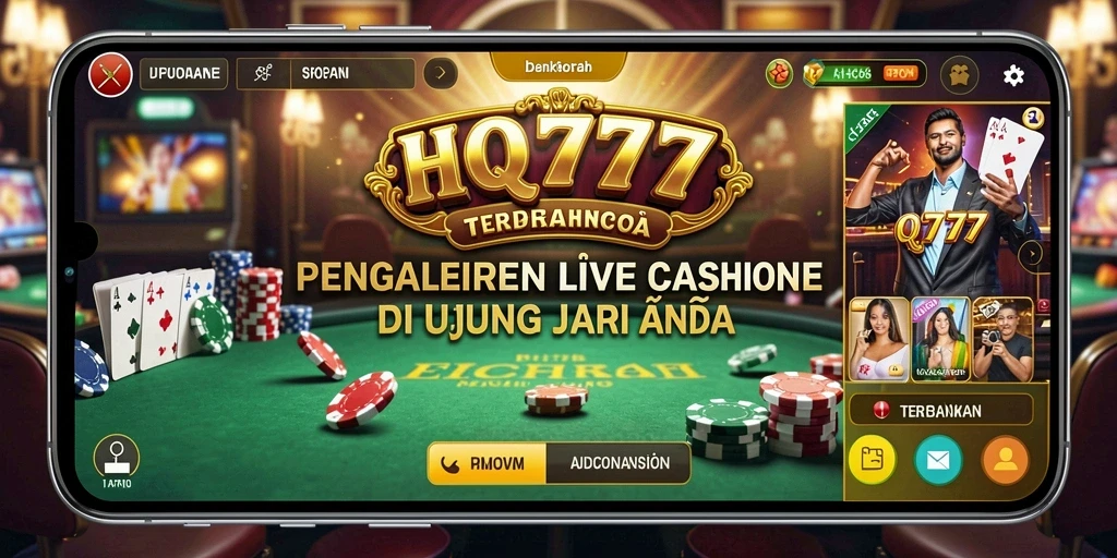 Tangkapan layar gameplay HQ777 menampilkan dealer profesional dan suasana kasino yang nyata.
