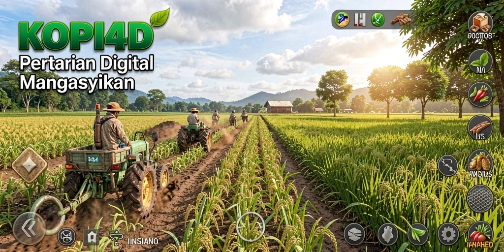 Gambar gameplay <strong>KOPI4D</strong> menunjukkan petani merawat tanaman di ladang hijau.