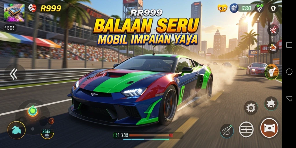 Gameplay seru dalam RR999 yang menampilkan mobil balap di lintasan.