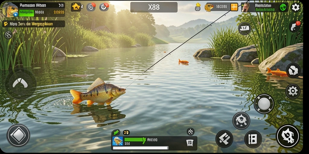 Gameplay menakjubkan dalam X88, menangkap ikan dengan berbagai teknik.